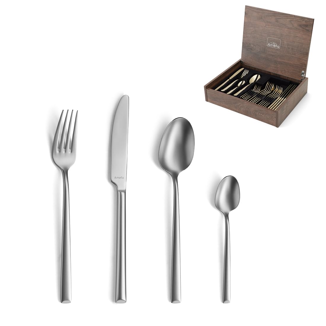 Amefa METROPOLE Besteck Set 24-tlg., 18/10 Edelstahl, 6 Personen | samtig-matte Oberfläche, abgeschrägte Griffenden, Menümesser, Gabeln, Löffel, Kaffeelöffel, spülmaschinenfest, rostfrei