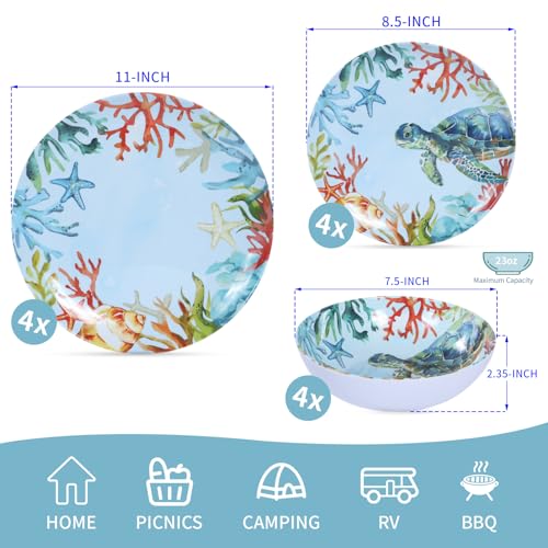 Image of 12-Piece Melamine Turtle Dinnerware Set, Ocean Plate and Bowl Sets