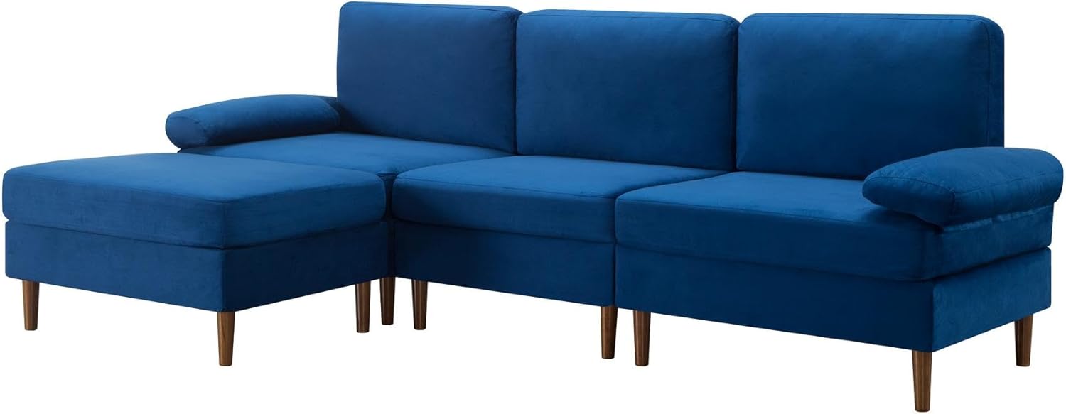 JOSHEN 102" Modular Sectional Sofa with Movable Ottoman,Modern Velvet Couch with Removable Washable Covers for Living Room,Apartments,Offices,Navy Blue