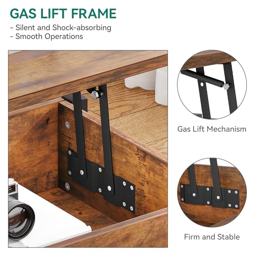 YITAHOME Couchtisch mit Anhebbarer Platte, Leicht Anzuheben, 2-Stufiger Stauraum, Höhenverstellbarer Couchtisch mit Verstecktem Staufach und Ablagefläche für Wohnzimmer, Büro, Vintage-Braun – Bild 6