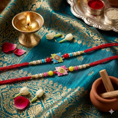 Image of Floral Rakhi Set with Pearl and Crystal Beads, Pack of 2 For Bhaiya