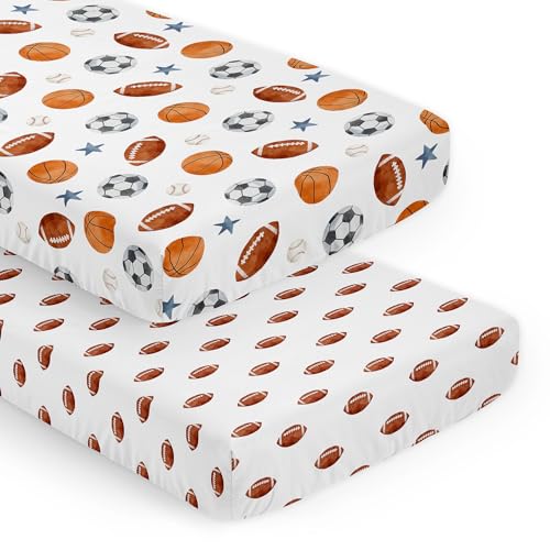 Image of Sweet Jojo Designs 2-Piece Baby Crib Sheets Set (Sports Theme) for Boys, Infant Nursery, Toddler Room - Fitted, Standard Size (Football Print & Watercolor, Vintage, Sport Themed, Baseball, Blue Stars)