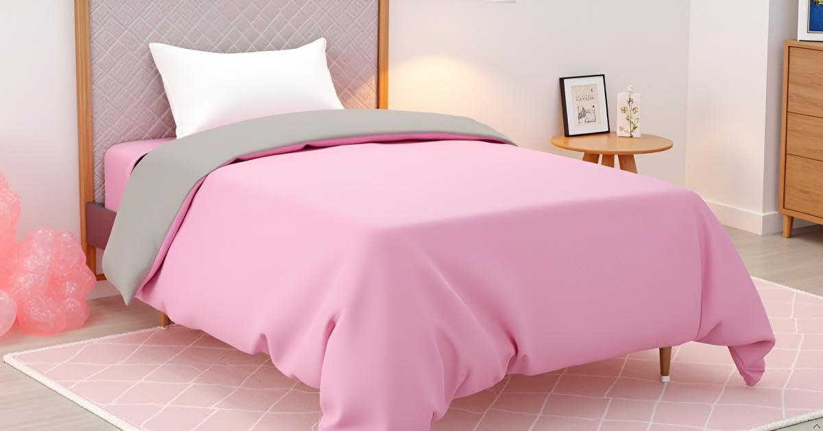 Reversible Plain Glace Cotton Single Bed Quilt Cover/Duvet Cover/Rajai Cover/Blanket Cover with Zipper (60X90 Inches) Pink