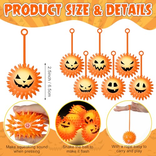 Sotiff 60 Pcs LED Halloween Pumpkin Stress Bouncy Light up Balls Spiky Squeaky Rubber Sensory Ball for Halloween Holiday Decors Gift Bag Stuffers Party Favor Fillers - Thumbnail 3