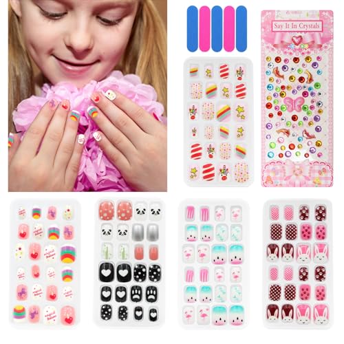 VEGCOO 120 Piezas Uñas Postizas para Niñas con 5 Limas de Uñas y Pegatina, Uñas Postizas Artificiales Pre Pegamento Uñas Acrílicas Cortas para Niñas, Nail Art Manicura Decoración (A, varios tamaños)