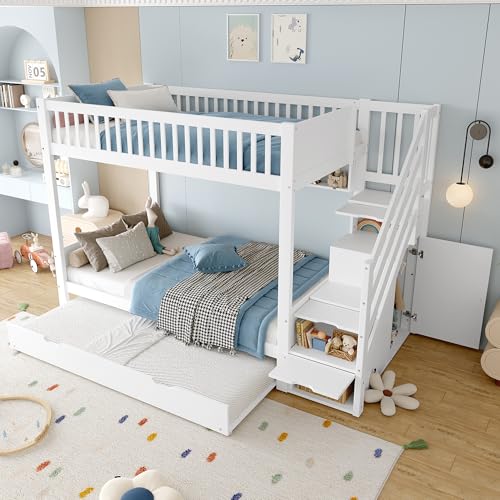 Demivor Lit Superposé 90x200 cm - Lit Superposé avec Lit Gigogne, Cadre de Lit en Pin Massif avec Armoire, Étagères, Rangements Escalier, sans Matelas, Blanc