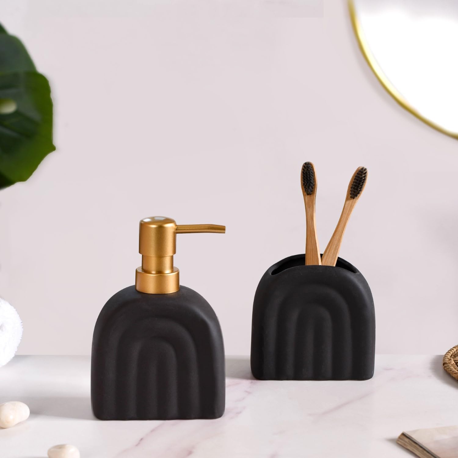 Nestasia Ceramic Bathroom Accessories Set of 2 - Liquid Soap Dispenser & Toothbrush Holder for Wash Basin & Bathroom - Matte Black Bath Set - Perfect for Gifting