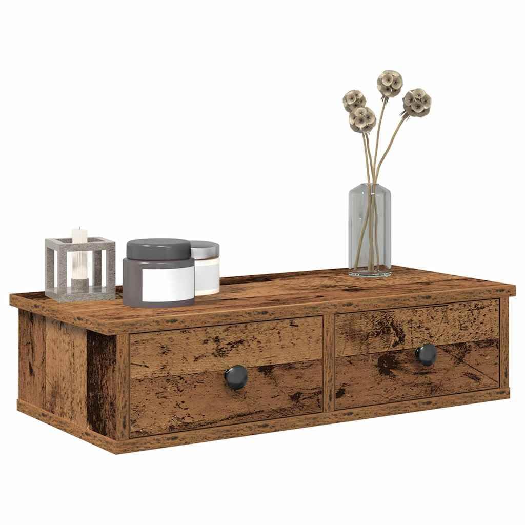 Étagère murale vieux bois 60x28x15 cm avec tiroirs
