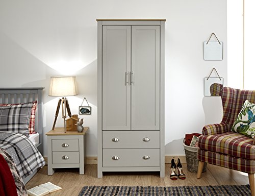 GFW Furniture Lancaster 2 or 3 Door Wardrobes with 2 Drawers, Oak Tops & Metal Hnadles - Grey