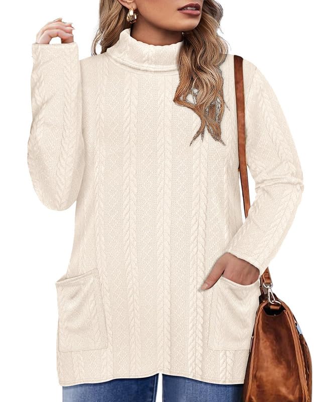 CARCOS Plus Size Sweaters for Women Turtleneck Cable Knit Sweater Long Sleeve Pullover Tops Casual Solid Shirts with Pockets