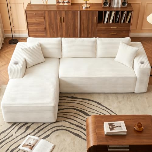 Image of 103 inch Modular Boneless Couches,Sectional Sofa for Living Room with 2 Cup Holders,Memory Foam Cloud Couch with L Shaped Oversized Chaise,No Assembly Needed Plush Corduroy Sofa,Beige