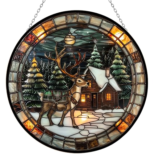 365CUSGIFTS Rustic Christmas Reindeer Stained Glass Window Hanging, Stained Glass Suncatcher for Women, Window Decor Perfect Home Décor