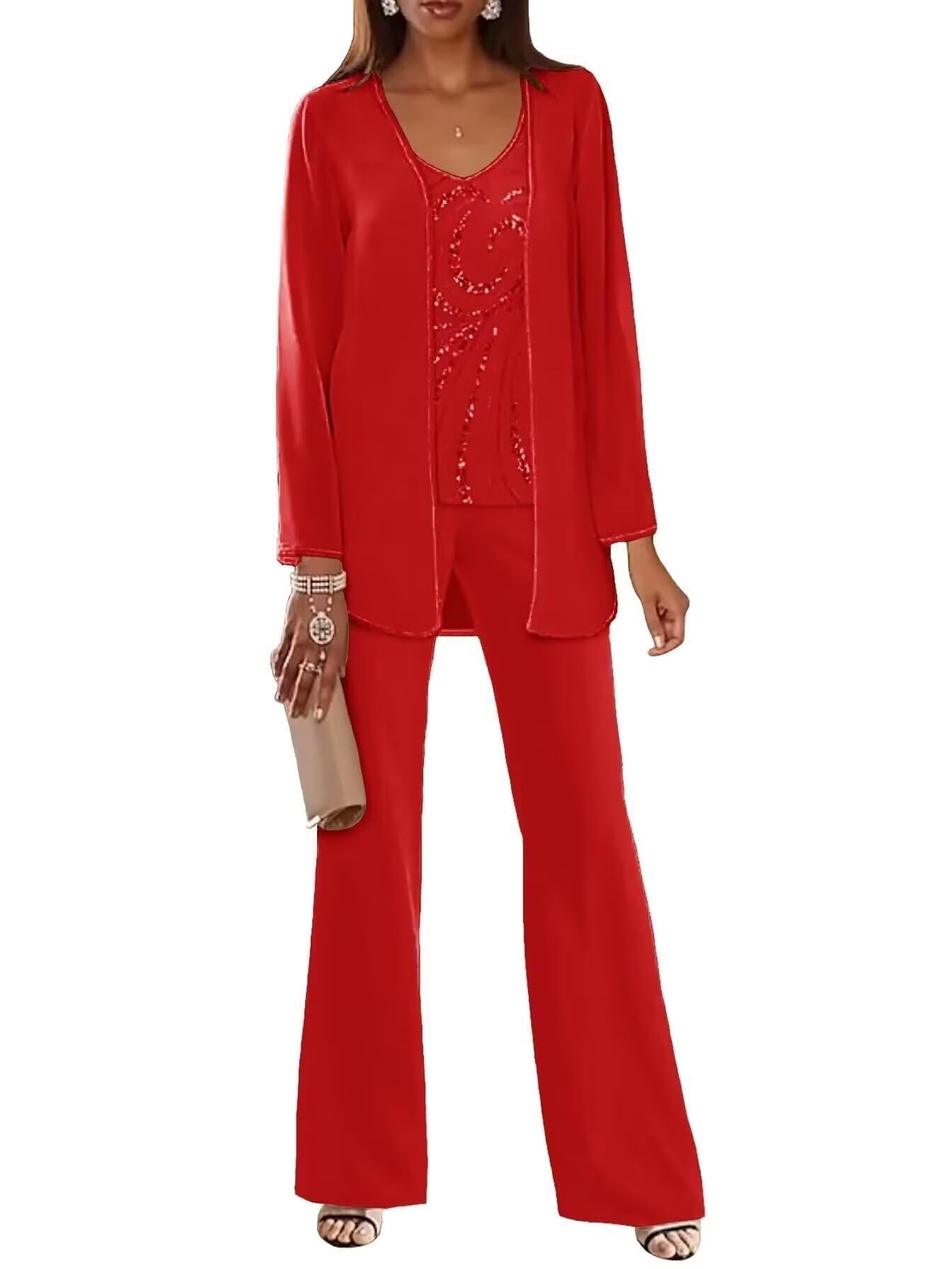 3 Pieces Mother of The Bride Pant Suits for Women Dressy Sequin Formal Wedding Dress with Jacket