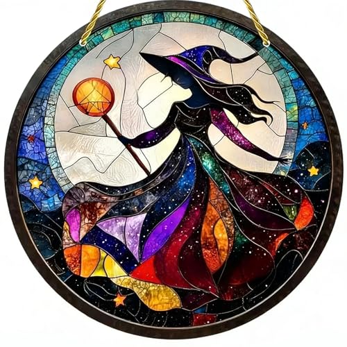 Apanhador acrílico vintage para janelas, lua e bruxa, decoração gótica de vitral, 20 x 20 cm