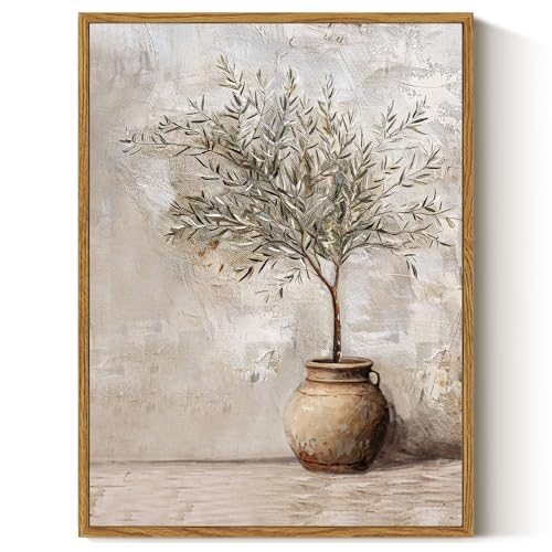 ARPEOTCY Vintage Framed Canvas Wall Art, 12x16inch, Farmhouse Olive Tree in Vessel Wall Decor, Still Life Art Prints Home Decorations, Botanical Paintings for Living Room Bedroom Office Decor