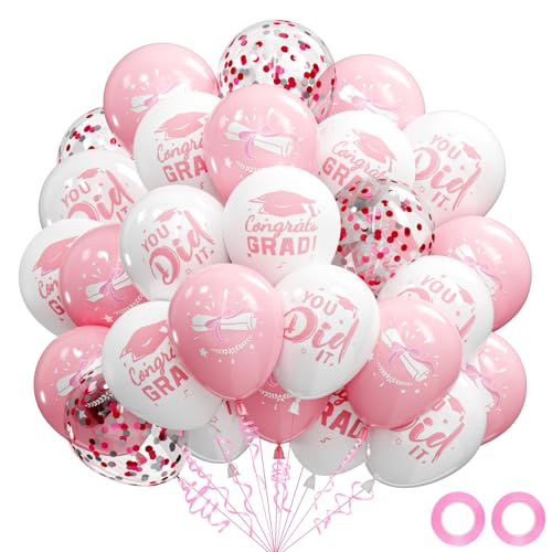 Image of Graduation Decorations 2026 - Graduation Balloons 62pcs 12 Inch Pink White Grad Print Latex Confetti Balloons for College High School Class of 2026 Congrats Grad Party Decor Supplies (Ribbon)