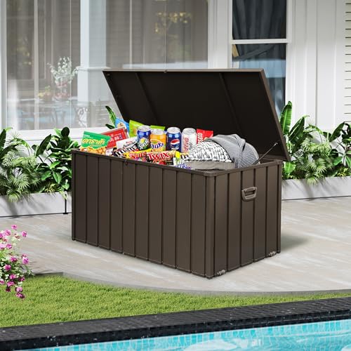 Domi 100 Gallon Deck Box, Outdoor Metal Lockable Storage Cabinet, Waterproof Steel Outdoor Bench with Lockable Lid, Side Handles & Rolling Casters for Outside Cushions, Pillows, Garden Tools, Brown -  domi outdoor living, LE-DB0545-Br