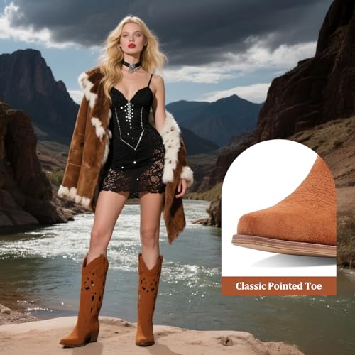 LingxiaUne Women’s Brown Western Cowboy Boots – Exquisite Cutout Design Mid Heel Suede Boots for Stylish Versatility4