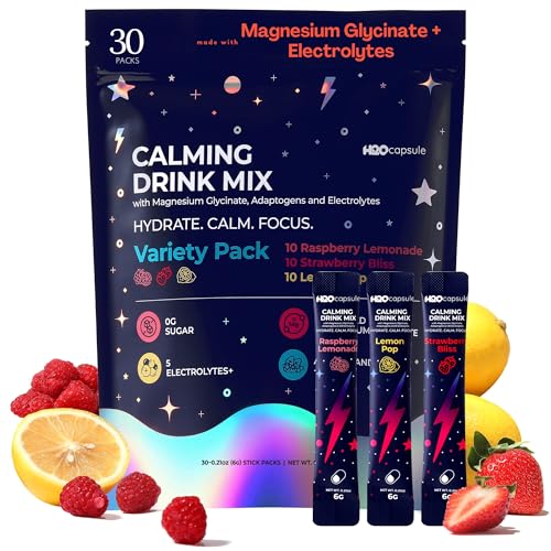 Calm Magnesium Glycinate Powdered Drink Mix with Electrolytes Sugar Free with Ashwagandha L-Theanine Vitamin B6 & GABA Cortisol Support Stress Relief Hydration & Focus - 30 servings (Variety)