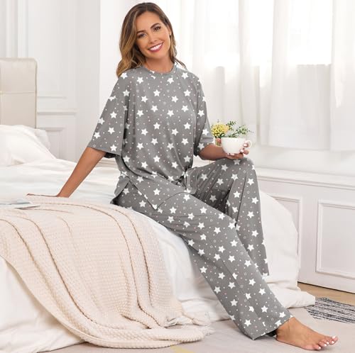 Image of PrinStory Womens Pajamas Sets 2 Piece Lounge Set Short Sleeve Tops and Long Pants Soft Pjs Loungewear with Pockets