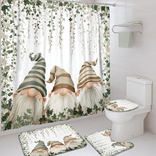 4Pcs Gnome Shower Curtain Set Green Beige Cute Gnome Bath Mat Rugs Accessories for Bathroom Decor Spring Modern White Waterproof Fabric Shower Curtain Set with Hooks 72x72 Inch