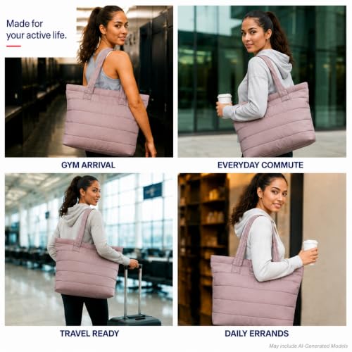 Image of Reebok Womens Tote Bag - Lightweight Carry On Puffer Quilted Tote Bag for Travel Work Travel and Daily Essentials
