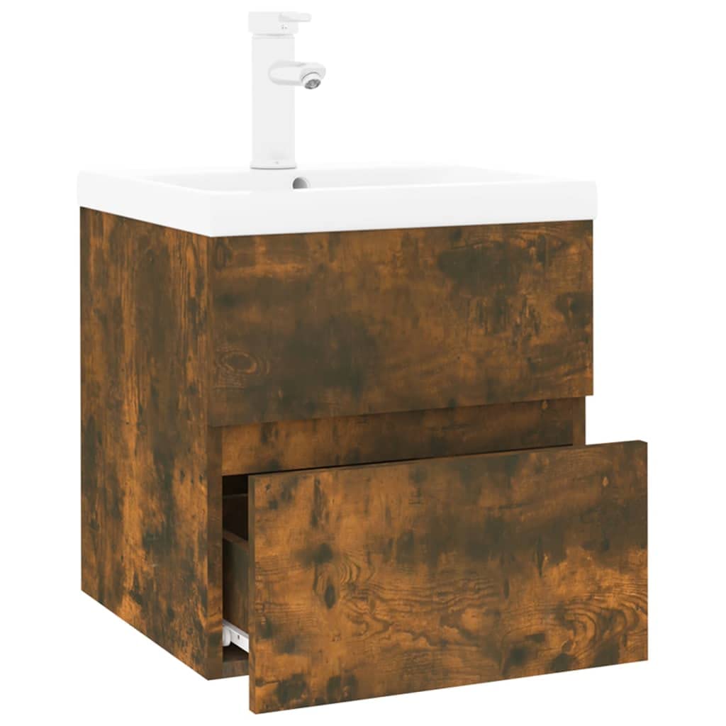 Armario de lavabo con lavabo empotrado, roble ahumado, cajón de almacenamiento de pared, rebosadero, muebles de baño