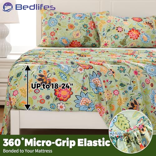 Image of Bedlifes Extra Deep Pocket 18-24 inch Queen 4-Piece Sheet Set - Cooling Sheets Blend Rayon Derived from Bamboo Soft & Breathable Floral Sage Green