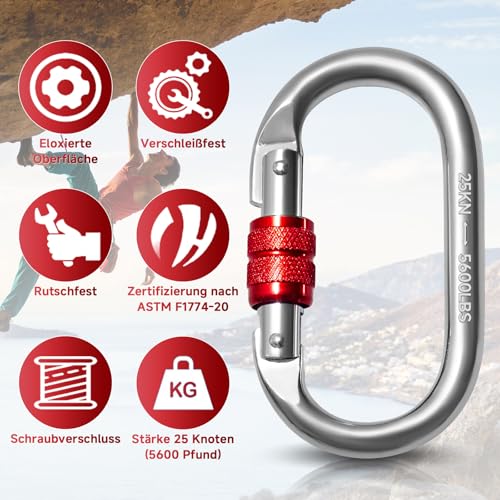 Vipuikos 2 Stück Karabinerhaken 25KN Schwerlast, O-förmiger Karabiner Groß, Sicherheitskarabiner aus Edelstahl, 2500 Kg Belastbarkeit, für Yoga, Hängematten, Camping, Schaukel, Klettern, Absei
