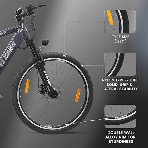 Image of Stryder E-Vibe 27T Electric Cycle for Men & Women (5.2-6 Ft) | 250W BLDC Motor | 36V 8.7Ah Li-ion Battery | Dual Disc Brakes | Front Suspension | USB Charging | Password Display | E-Bike (Grey)