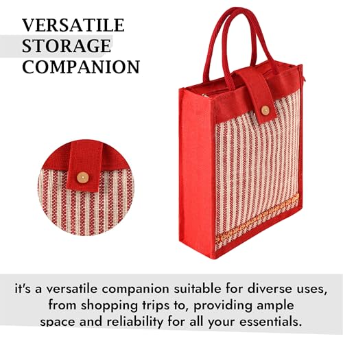 Image of Kuber Industries 3 Pcs Jute Medium Shopping Bag for Women with Handle | Multipurpose and Reusable Carry /Shopping Bag for Grocery | Lining Design - Red