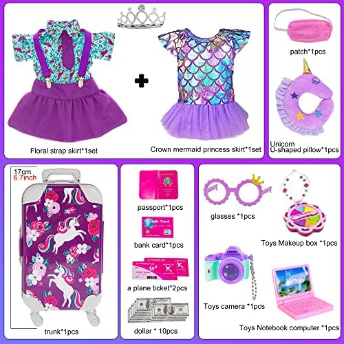ebuddy 25pc Travel Suitcase Play Set Doll Clothes Dress Accessories for 18 inch Dolls Include Luggage Camera Computer Glasses Pillow (No Doll)