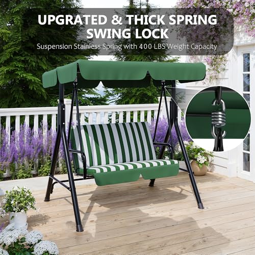 Image of Garvee Outdoor Porch Swing with Adjustable Canopy, 3-Seat Patio Swing Chair with Stand, Heavy Duty Outdoor Swing for Adults, Metal Frame Patio Swing for Garden, Backyard & Poolside,Striped Green