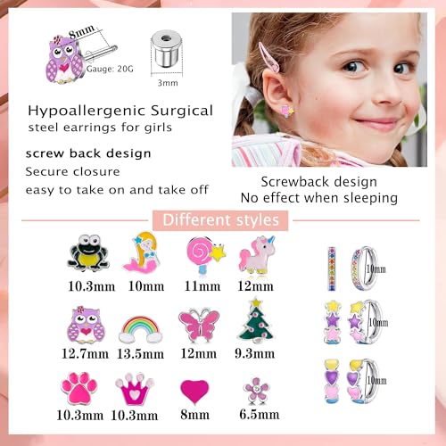 15 Pairs Stud Earrings Set :12 Pairs Unique Cartoon Flat Back Earrings & 3 Pairs Mini Hoops with Stainless Steel Posts and Screwback Earring2