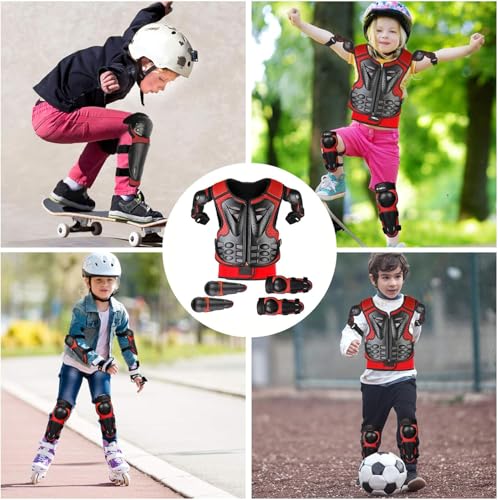 Fansport 5 Stück Motorrad Schutz Jacke,Kinder Motorrad rüstung mit Knieschoner Ellbogenschoner Brustpanzer Racing,für Outdoor Sport - 4/6/8/10/12/14 Jahre (Rot)