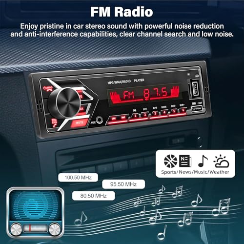 Single DIN Car Radio Bluetooth Stereo with 7-Color LED Backlight, EQ Sound, Hands-Free Calling, AM/FM Radio, Dual USB (Fast Charging & Music Playback), SD | Not a CD Player