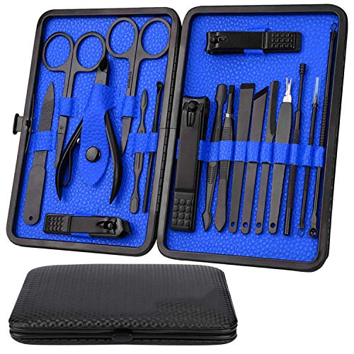 Manicure/Pedicure Set, 18 In 1 Stainless Steel Professional Pedicure Kit Nail Scissors Grooming Kit with Black Leather Travel Case