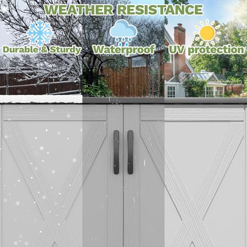Image of Devoko 50 Cu Ft Plastic Outdoor Storage Cabinet, White | Vertical Resin Storage Shed with Lockable Door, Waterproof Shed for Patio Furniture Pool Toy, Garden Tool, Shelf Not Included