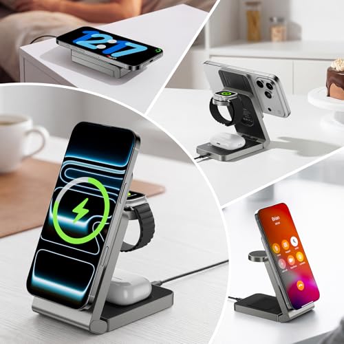 Image of 3 in 1 Wireless Charger Station for Multiple Devices, Foldable Magnetic Charging Stand, Portable Fast Travel Wireless Charger for iPhone17 /16 /15 /14 /13 /12 Pro Max / AirPods2 /3 /4 and IWatch Ultra Series