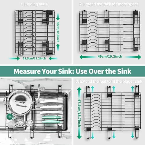 SanDream Over The Sink Dish Drying Rack, in Sink Dish Rack, Expandable Dish Drainer for Kitchen Counter with Adjustable Legs, Compact Dish Drainer Drying Rack for Kitchen Sink (Black)