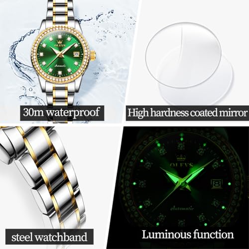 Image of OLEVS Womens Automatic Watch Gold Luxury Diamond Self Winding Ladies Wrist Watches Waterproof Luminous Date