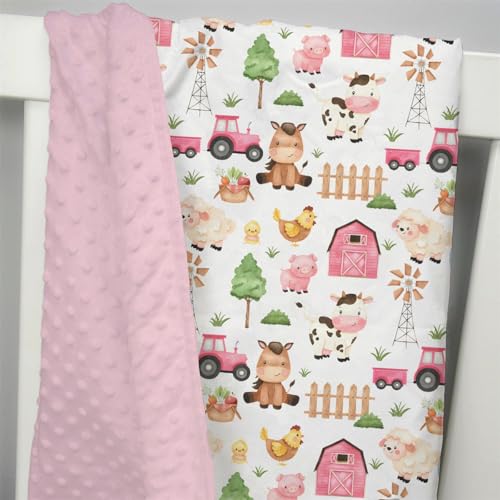 Image of Mink Baby Girl Blanket Farm Life Barn Animal Pink, Cow Horse Sheep Chicken Chick Pig Tractor Double Layer Dotted Backing Receiving Blankets Newborn Infant Toddler Nursery Crib Bedding 30 x 40