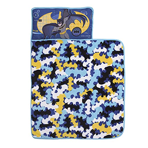 Image of Warner Brothers Batman Blue, Grey, Yellow and Black Preschool Toddler Nap Mat with Pillow, Blanket and Name Tag