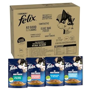 FELIX Le Ghiottonerie - Cibo Umido Gatto Adulto, Bocconcini in Gelatina con Tonno, Salmone, Merluzzo, Merluzzo Carbonaro. 80 Buste da 85 g