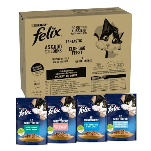 Purina Felix Le Ghiottonerie Cibo Umido per Gatti con Tonno, Salmone, Merluzzo, Merluzzo nero, Confezione da 80 buste da 85 g