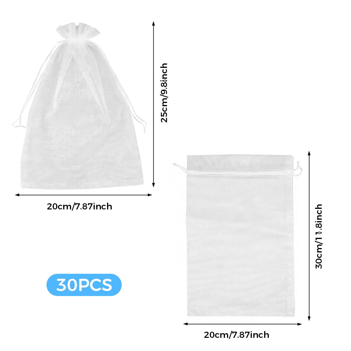 30 sztuk 30 x 20 cm Tulle Torby, woreczki z tiulu na konfetti | duże torby z organzy, torby z organzy, torby z organzy, na wesela, imprezy, chrzesty (białe)