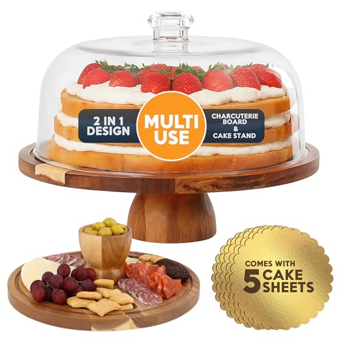 Linda’s Essentials Acacia Wood Cake Stand with Lid (Acrylic) 12 Inch Round Cake Holder Stand with 5 Bonus Cake Sheets, 2-in-1 Wooden Cake Stand with Dome & Charcuterie Board for Cheese, Cake Plate