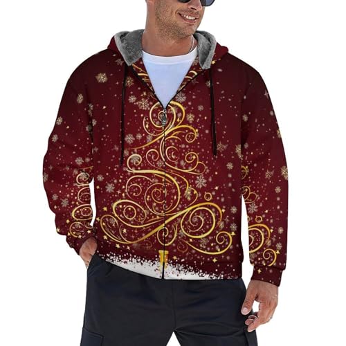 Sweat à capuche zippé hommes motif sapin de Noël chic veste polaire chaude