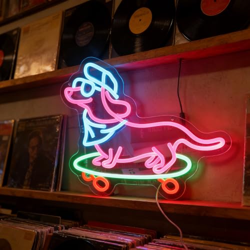 Image of Dachshund Skateboarding Dog Neon Sign - Funny Wiener Dog on Skateboard LED Light for Game Room Man Cave Bedroom Wall Decor, Dimmable USB Powered, Cool Unique Gift for Dachshund Owner Dog Lovers Skateboarder Christmas Birthday (Warm White)
