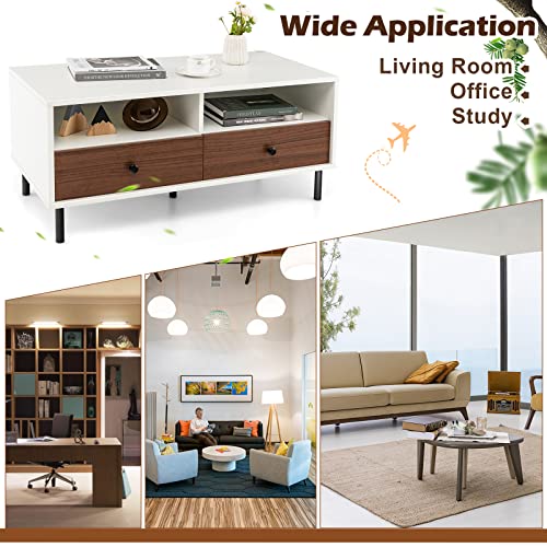 Costway Modern Coffee Table With Storage, Rectangle Sofa Center Table With 2 Open Shelves & 2 Drawers, Sturdy Metal Legs, Wood Accent End Table For Living Room, Home, Office #TOP7